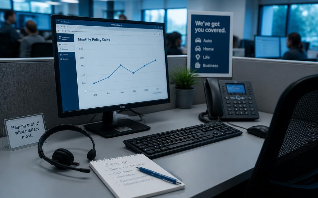 Insurance call center desk with headset and a monitor showing enrollment performance data