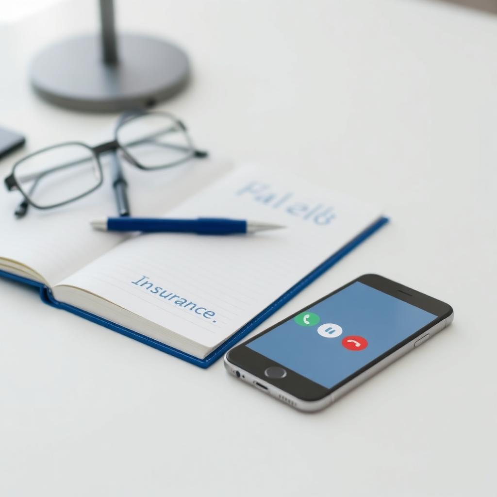 Insurance agent's desk with notebook, glasses, and phone showing an inbound call