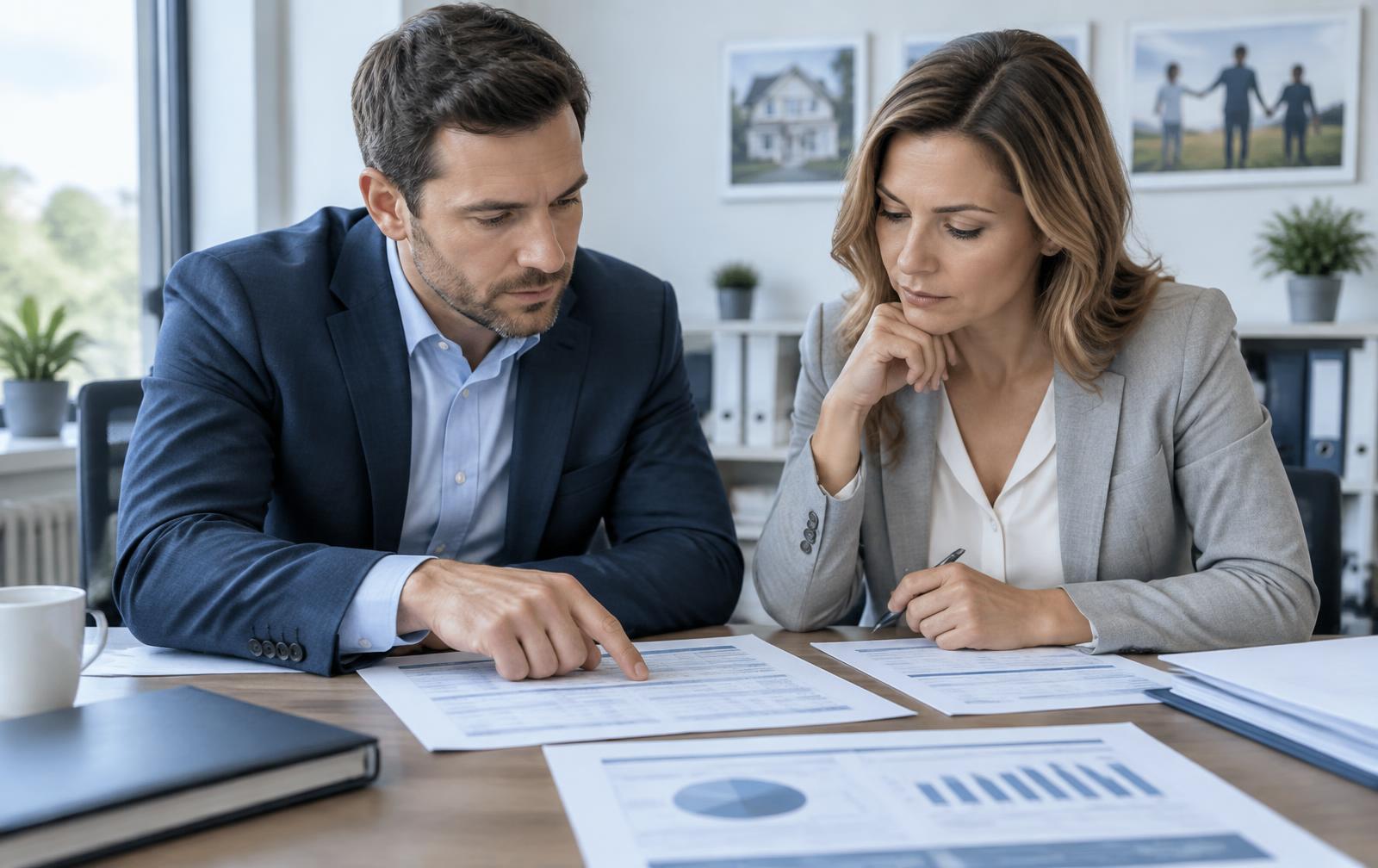 Insurance agency colleagues reviewing lead-source and policy performance reports
