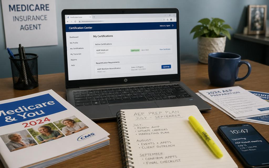 Medicare insurance agent workspace with AEP prep plan, certification portal, and calendar