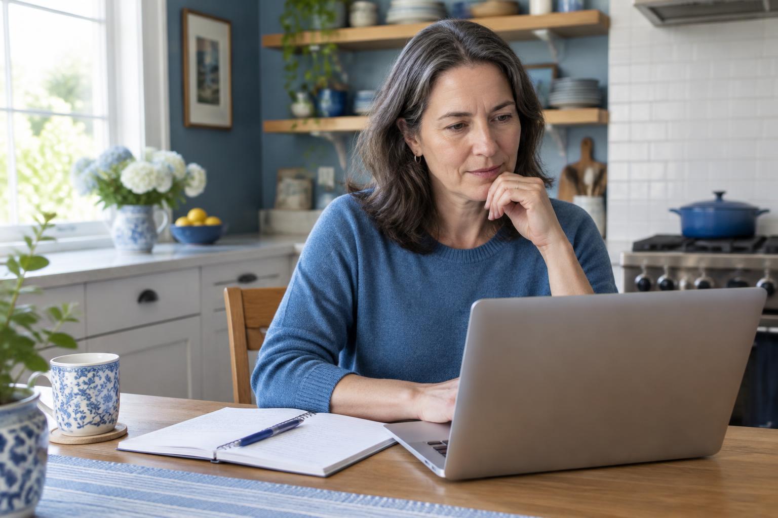 An illustrative consumer researching coverage information on a laptop at home